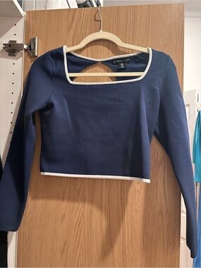 Sincerly Jules Navy Set: Cropped Square-Neck Long Sleeve Top with White Trim